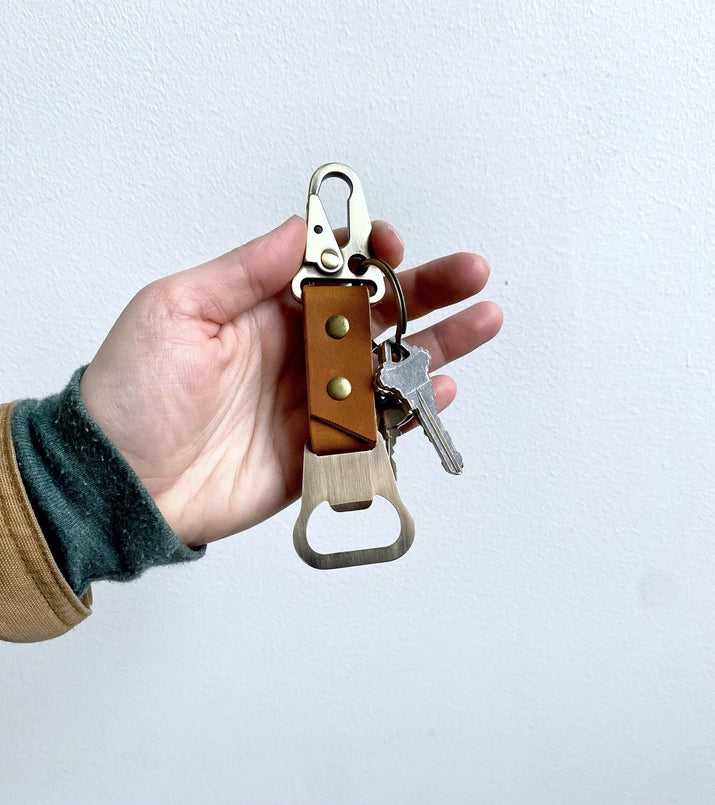 Carabiner Leather Bottle Opener Keychain, Dark Brown