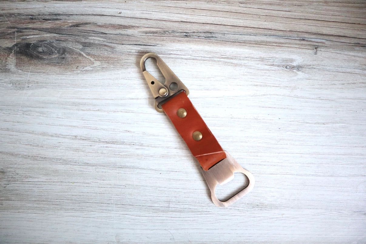 Carabiner Leather Bottle Opener Keychain, Cognac