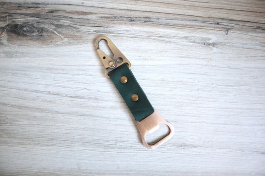 Carabiner Leather Bottle Opener Keychain, Green
